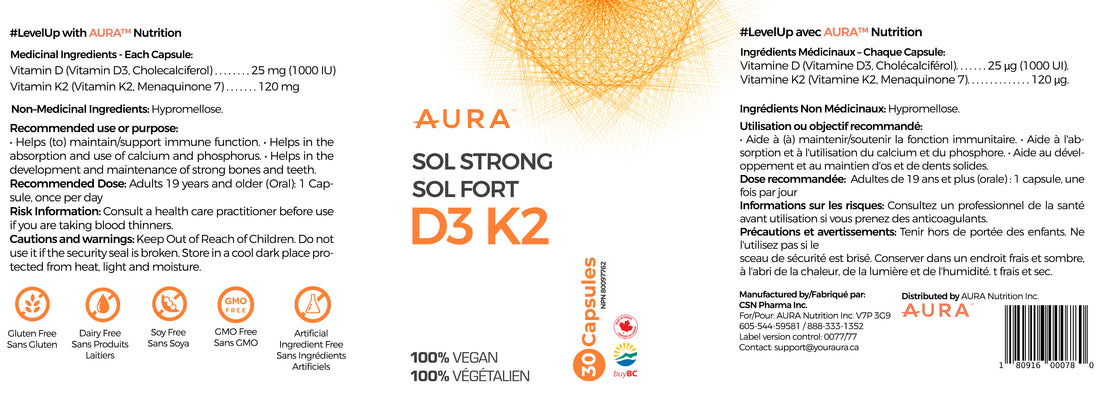 Sol Strong Vitamin D3+K2 Vegan Capsules - For Bone Health, Immune Support, Calcium Absorption - 30CT